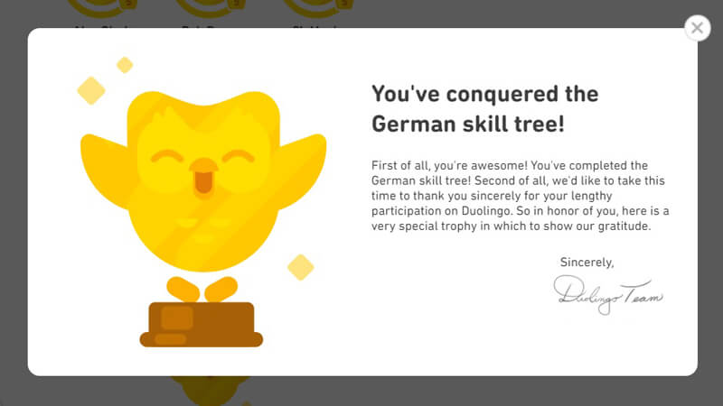 Certificate of completion you get when you finish all the lessons in Duolingo